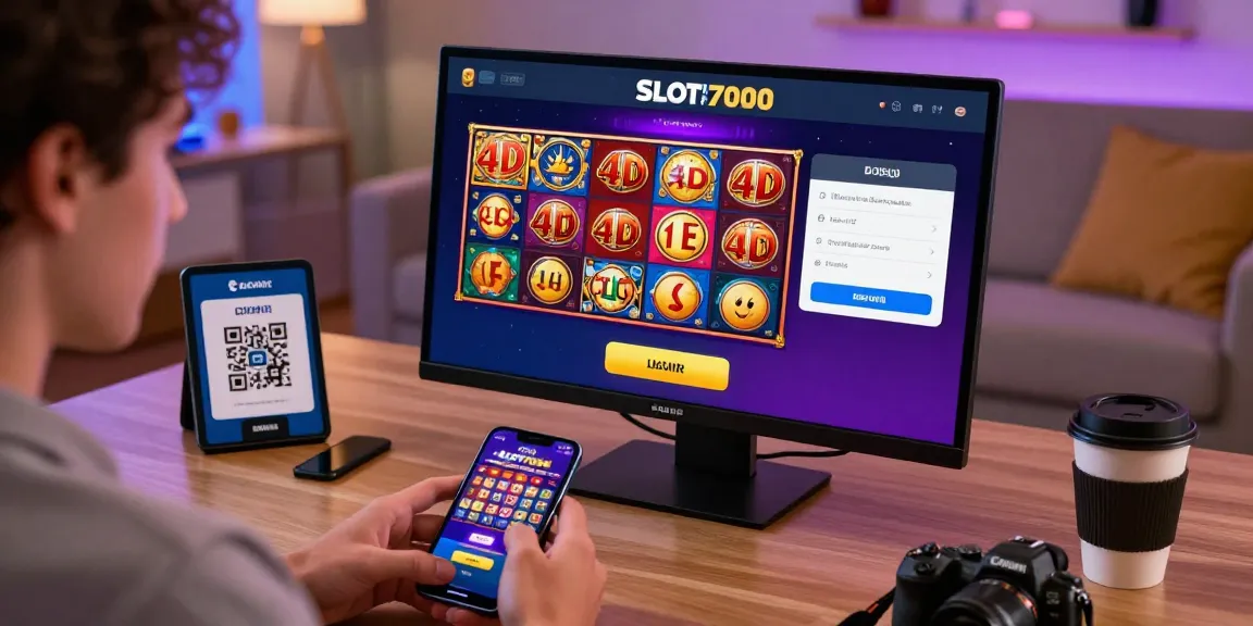 Engaged user playing slot7000 games on smartphone with vibrant graphics.