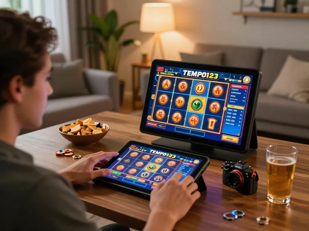 Engaged player spinning the reels on Tempo123 Slot in cozy home atmosphere.