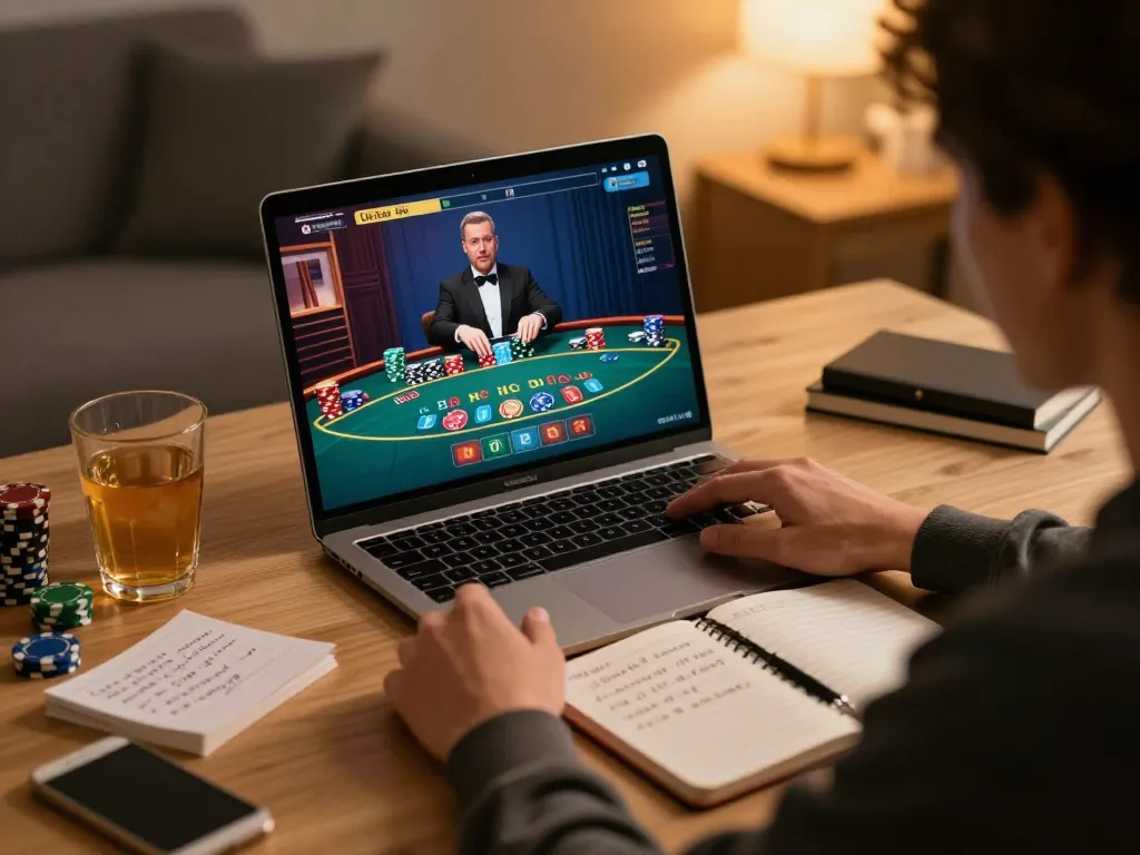 Engaged player on kp88 com playing live blackjack with strategy notes nearby, showcasing responsible gaming.