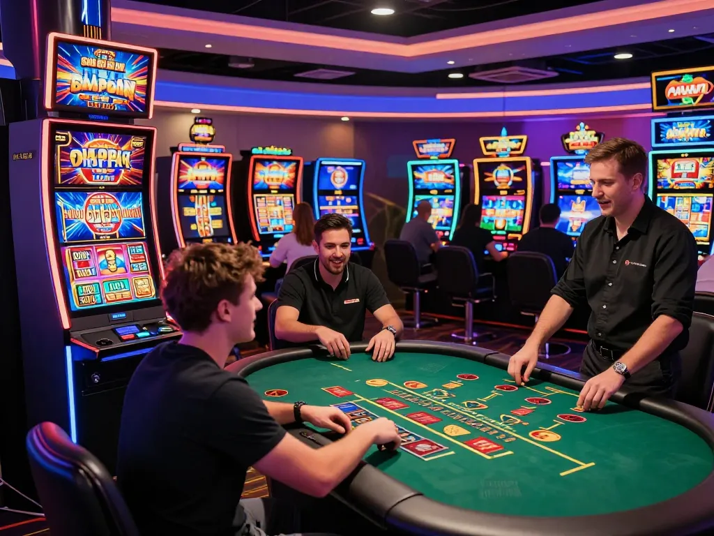 Alev Casino vibrant scene showing players enjoying slots and live blackjack in a lively, exciting atmosphere.