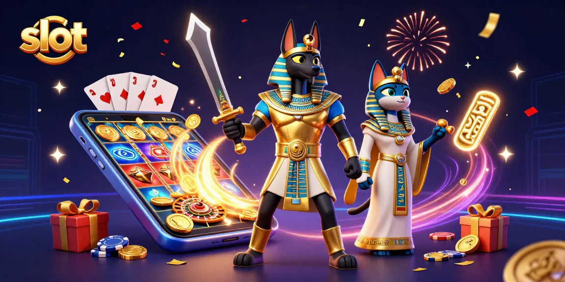 Taruhan slot menarik dengan Anubis dan Bastet di tengah suasana kasino yang meriah.