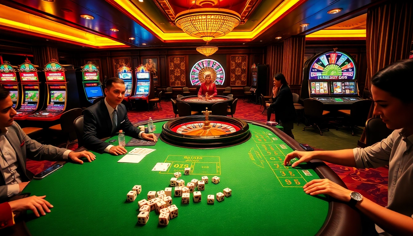 Experience the thrill of RR88 with players immersed in casino table games and vibrant slot machines.