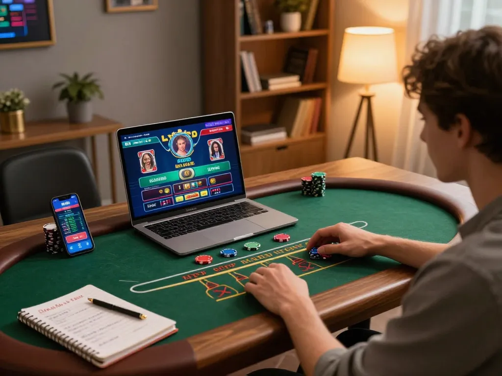 GO88 player enjoying a live blackjack game in a comfortable home setup with a strategic betting notebook.