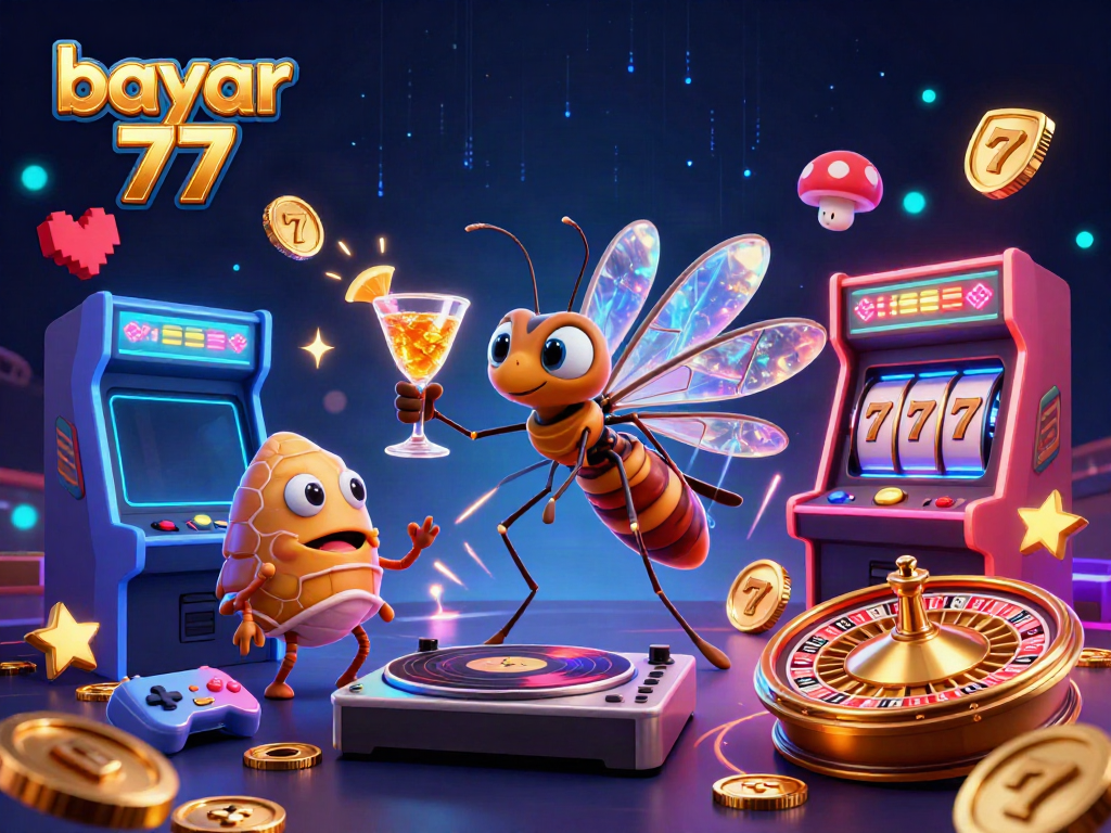 Engage in thrilling casino gameplay with bayar 77 featuring unique characters in a vibrant illustration.