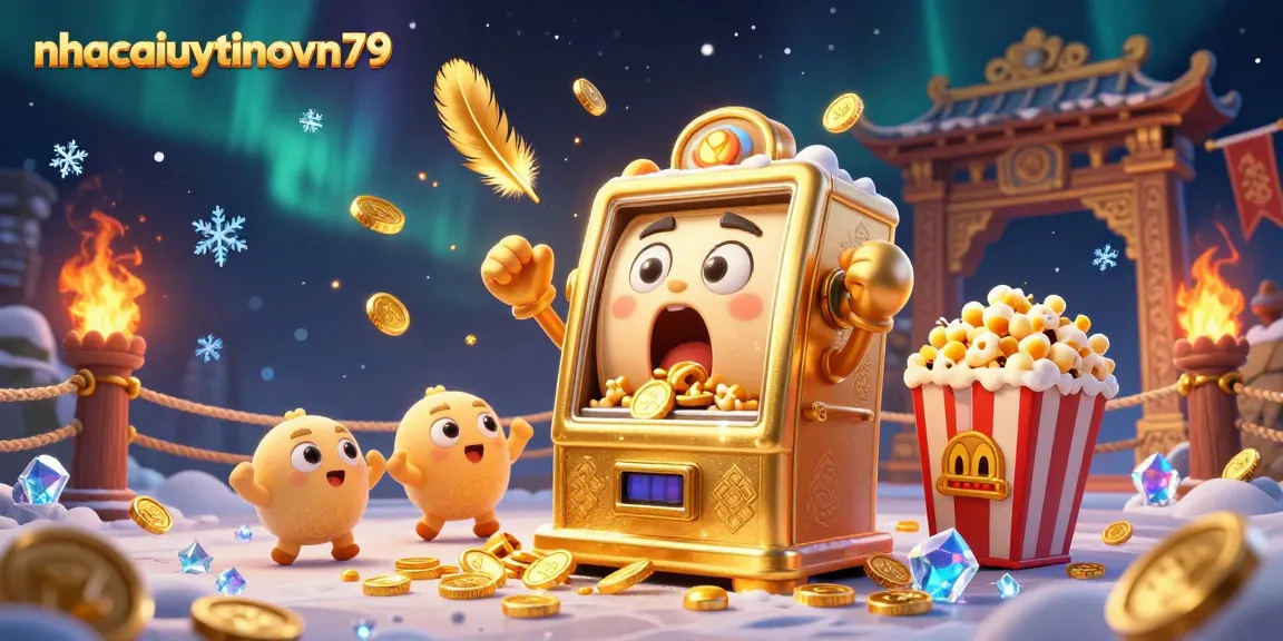 Engage in the excitement of nhacaiuytinovn79 as a golden slot machine hits a jackpot amidst cheering baby slots.