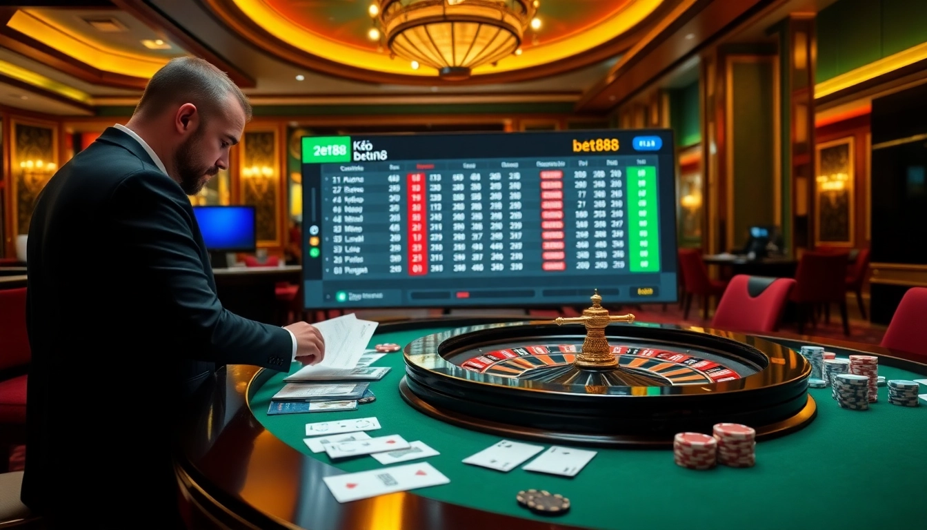 Analyze kèo bet88 odds at a vibrant casino table with cards and chips.
