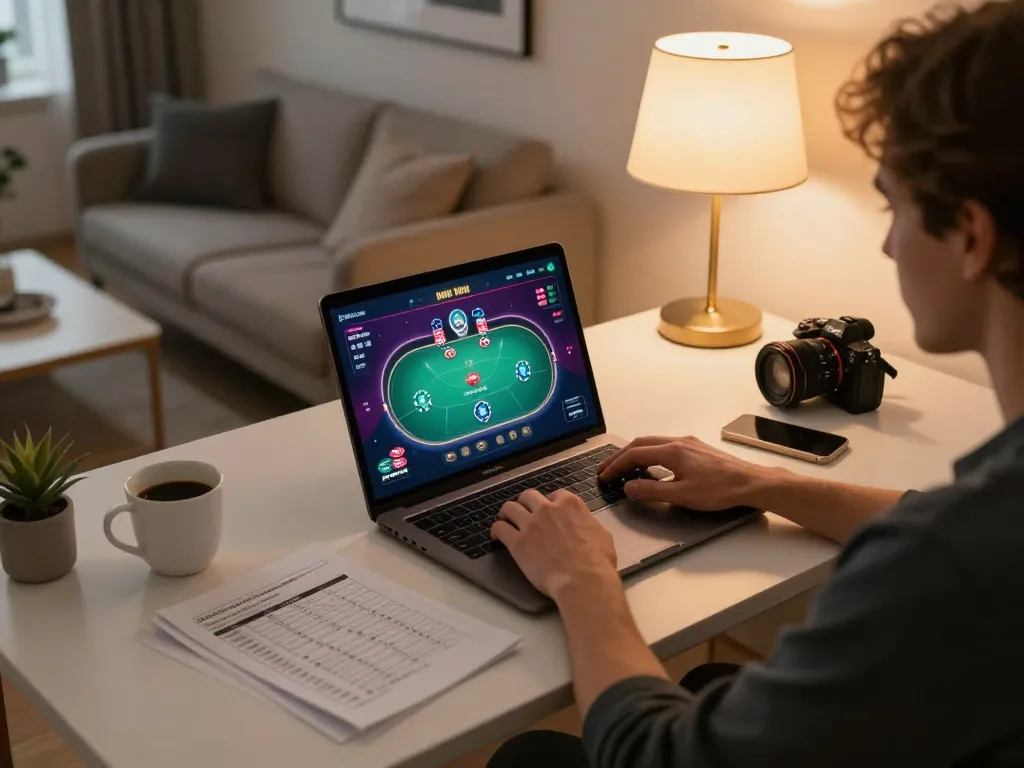 Player engaging in online poker at u88ae through a stylish laptop setup, showcasing a cozy gambling environment.