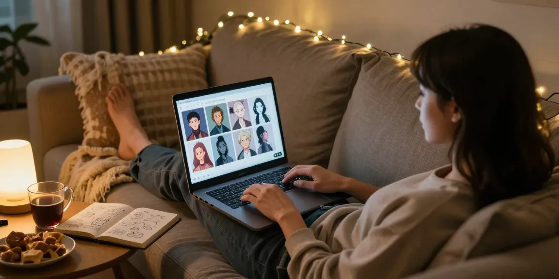 Interactive NSFW AI chat in cozy room with laptop and avatars, fostering creative connections.