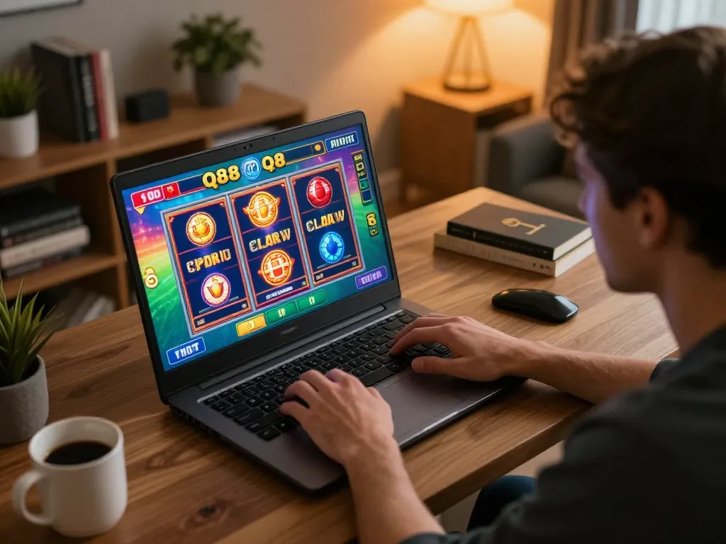 Player engaged in Q88 online slots gameplay with lively graphics on screen