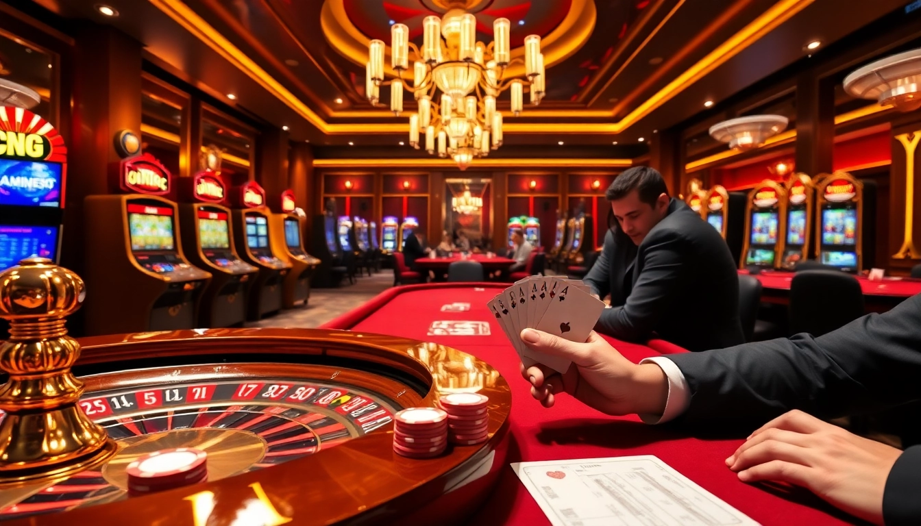 An engaging casino scene showcasing a roulette wheel and poker gameplay, inspired by https://urr88.com/.