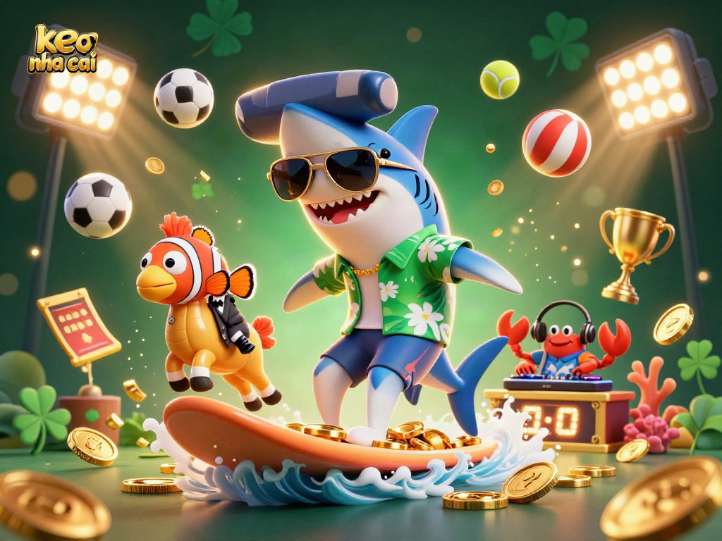 Engage with keo nha cai betting scene featuring a dynamic shark surfer, vibrant sports elements, and a coral DJ atmosphere.