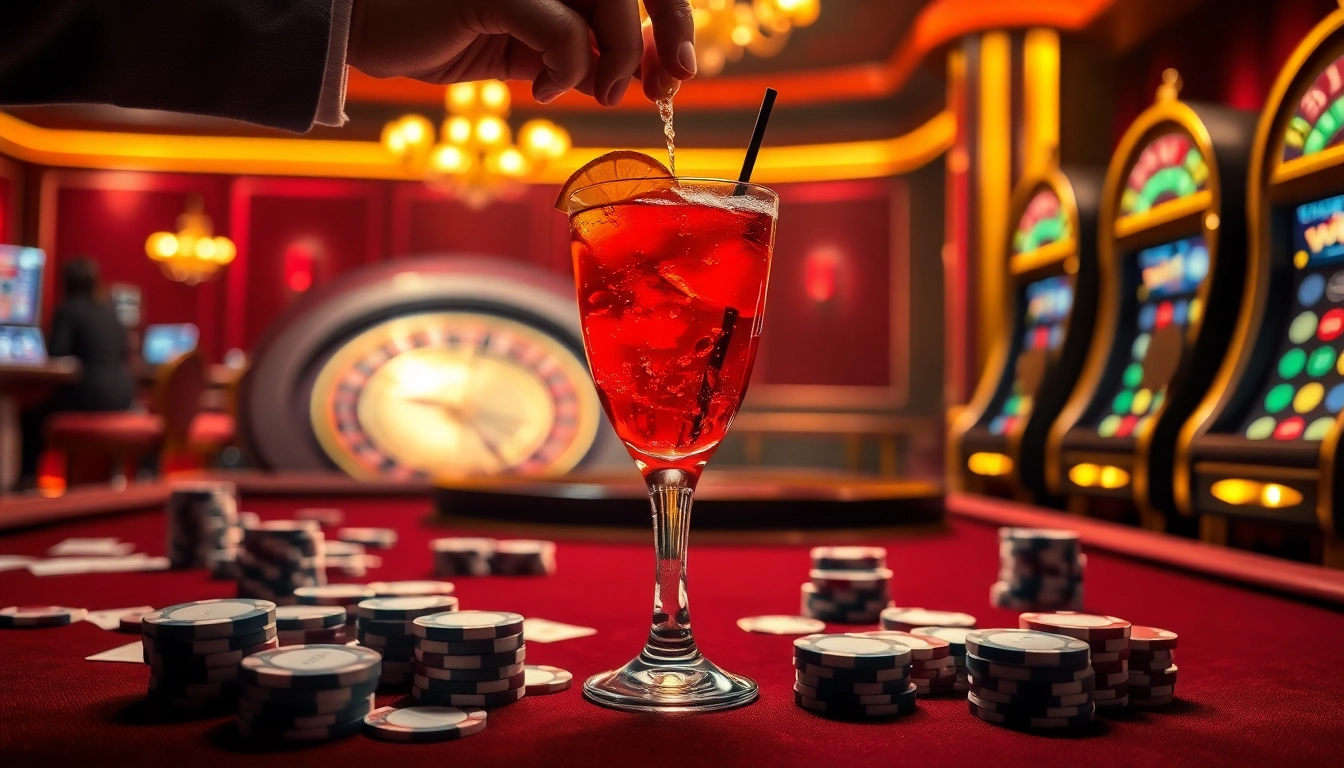 Enjoying a cocktail b52 among poker chips at a luxurious casino table.