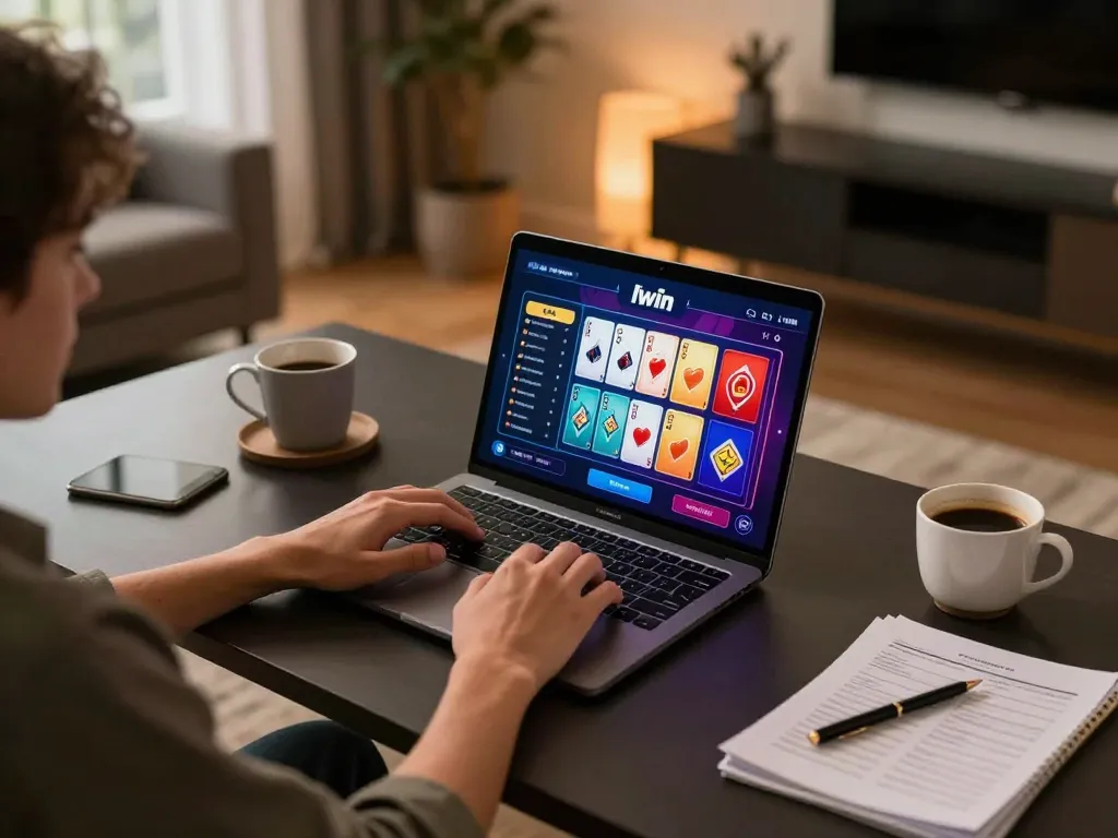 Player using Iwin online casino app on laptop with vibrant game graphics