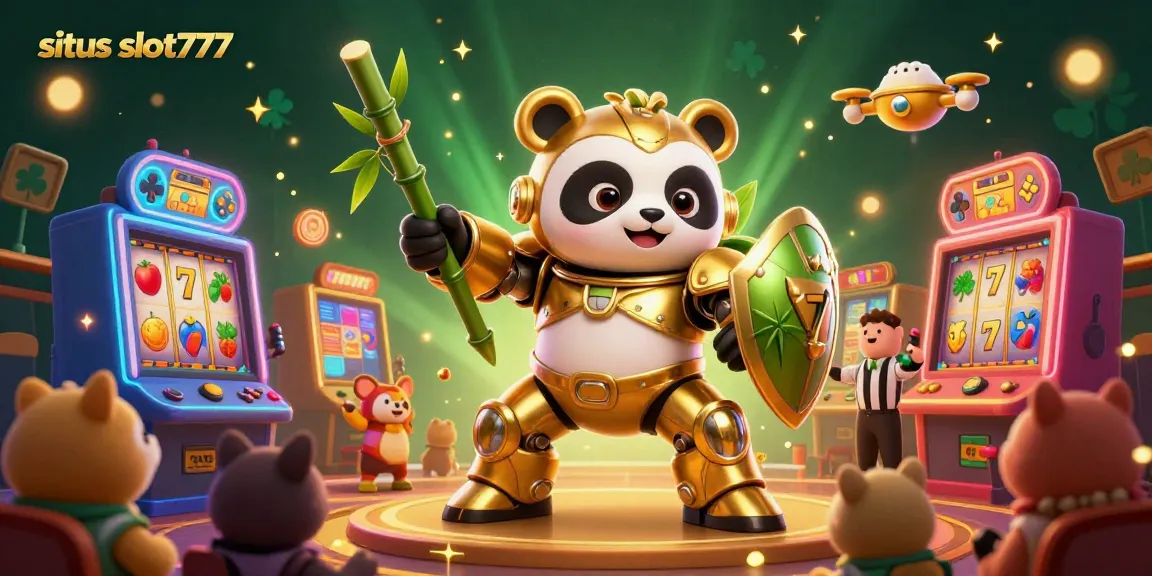 Experience the excitement of situs slot777 with vibrant slot machines and a golden panda battling in a dynamic arena.