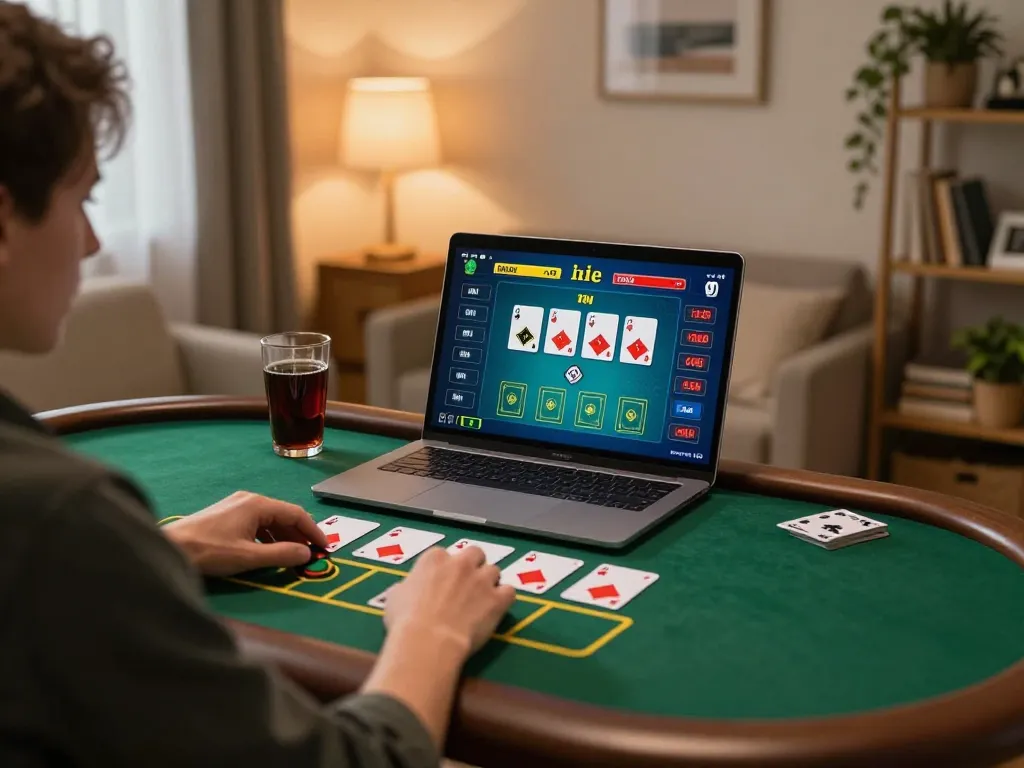 Player engaged in situs gacor online blackjack, showcasing strategic gameplay at home with laptop and cozy decor
