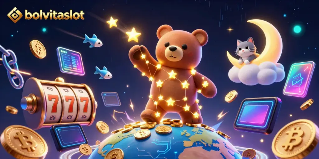 Experience thrilling gaming action at bolavitaslot with glowing slot reels and cosmic creatures.