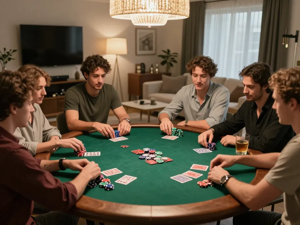 Friends enjoying a poker night at home, showcasing LGOLUX gameplay with chips and cards.