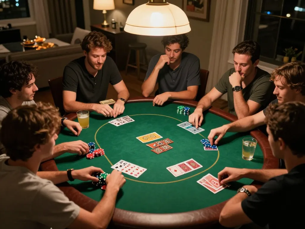 Friends enjoying a home poker night at f8betlv, cards and chips creating an engaging atmosphere.