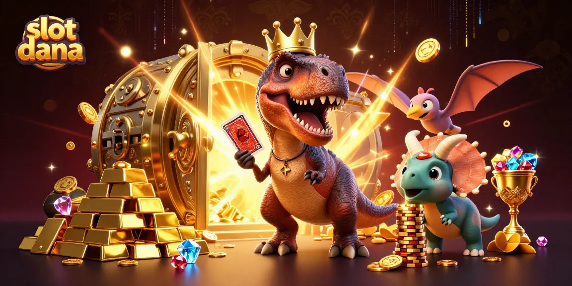 Visualisasi animasi slot dana dengan karakter lucu dalam kasino, memperlihatkan tumpukan chip emas.