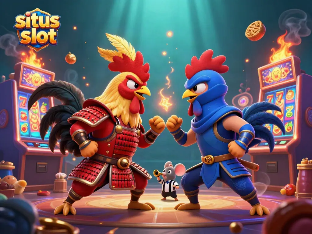 Menampilkan situs slot dengan seekor ayam jantan samurai berwarna merah dan ayam jantan ninja biru dalam pertarungan ketegangan.