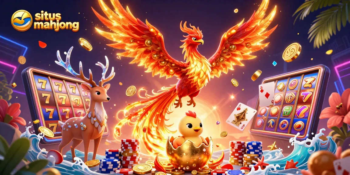 Win big at situs mahjong with a thrilling 3D illustration featuring vibrant slot machines and casino elements.