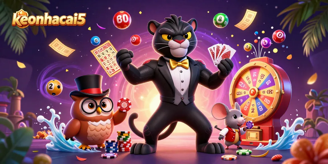 keonhacai5 showcases a stylish panther dealer amidst colorful lottery elements and a whimsical casino backdrop.