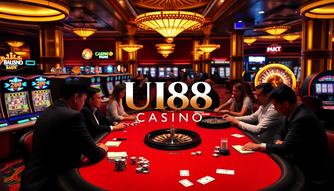 Players enjoying high-stakes poker at UU88 CASINO, surrounded by vibrant slot machines and rich colors.