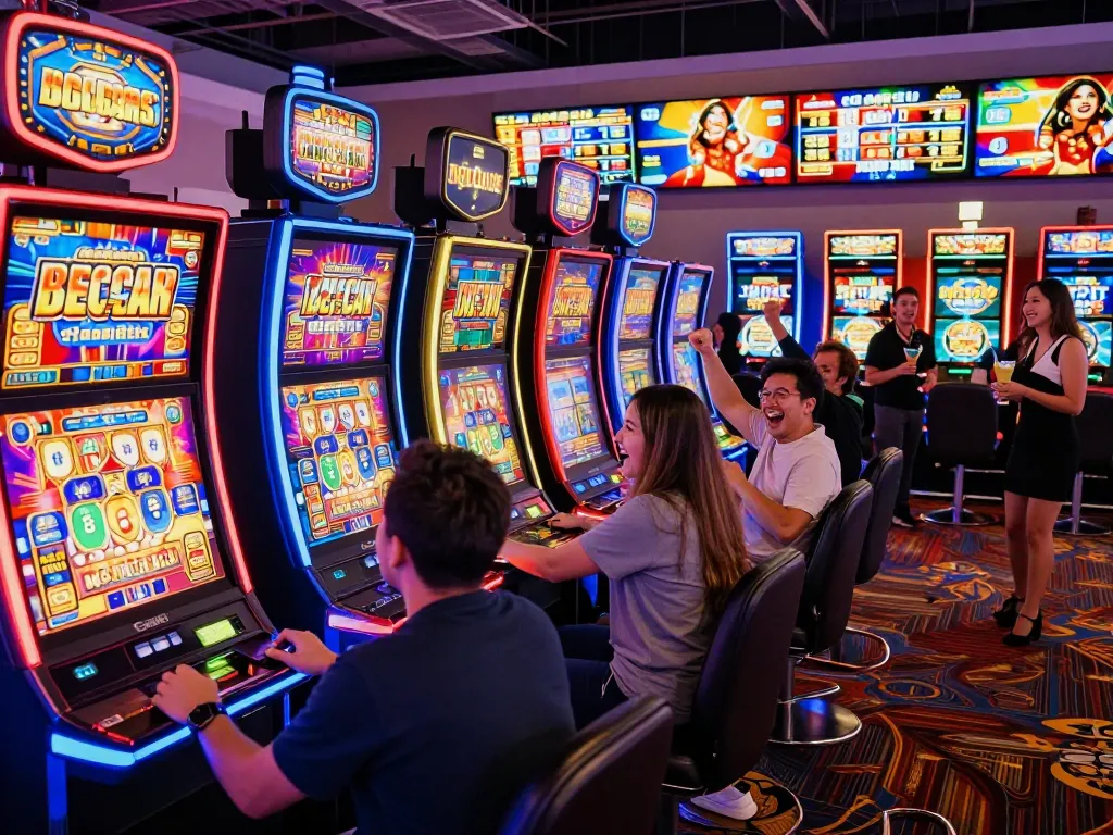 Pemain menikmati mesin slot gacor yang cerah di lingkungan kasino yang ramai.
