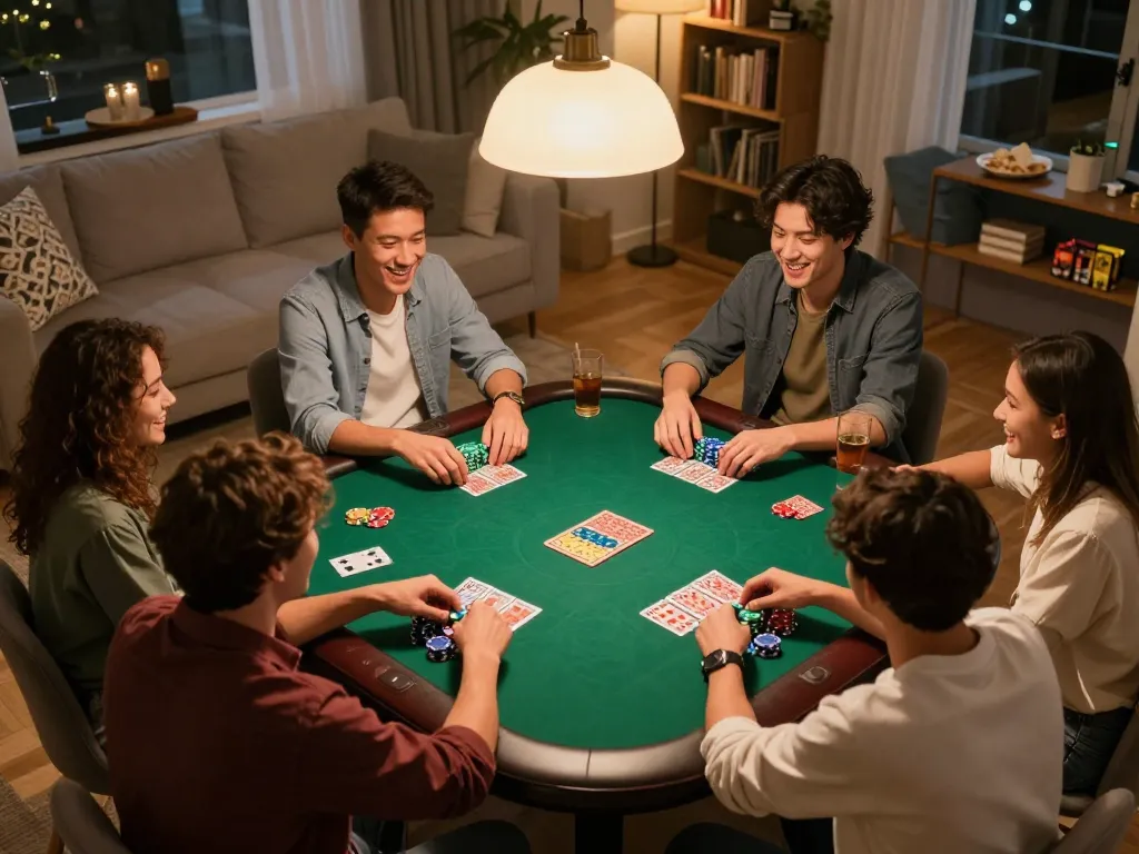 Friends enjoy a lively poker night at home, showcasing strategic betting and fun moments in a cozy atmosphere while exploring togel online.