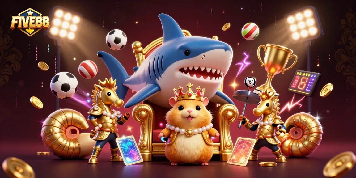 Experience the vibrant FIVE88 betting kingdom with a fierce hamster king, seahorse guards, and dynamic sports elements.