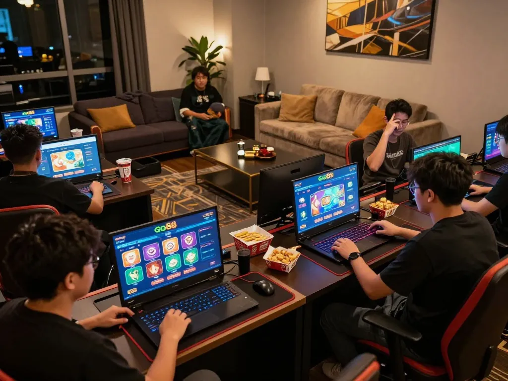 Players engaging with Go88's online casino games in a cozy home environment, showcasing strategic gaming decisions.