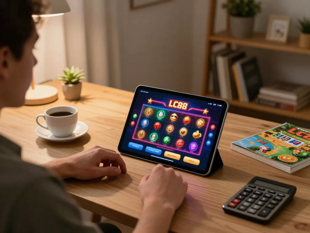 Engaging with LC88 casino app on tablet in cozy home office for responsible gaming