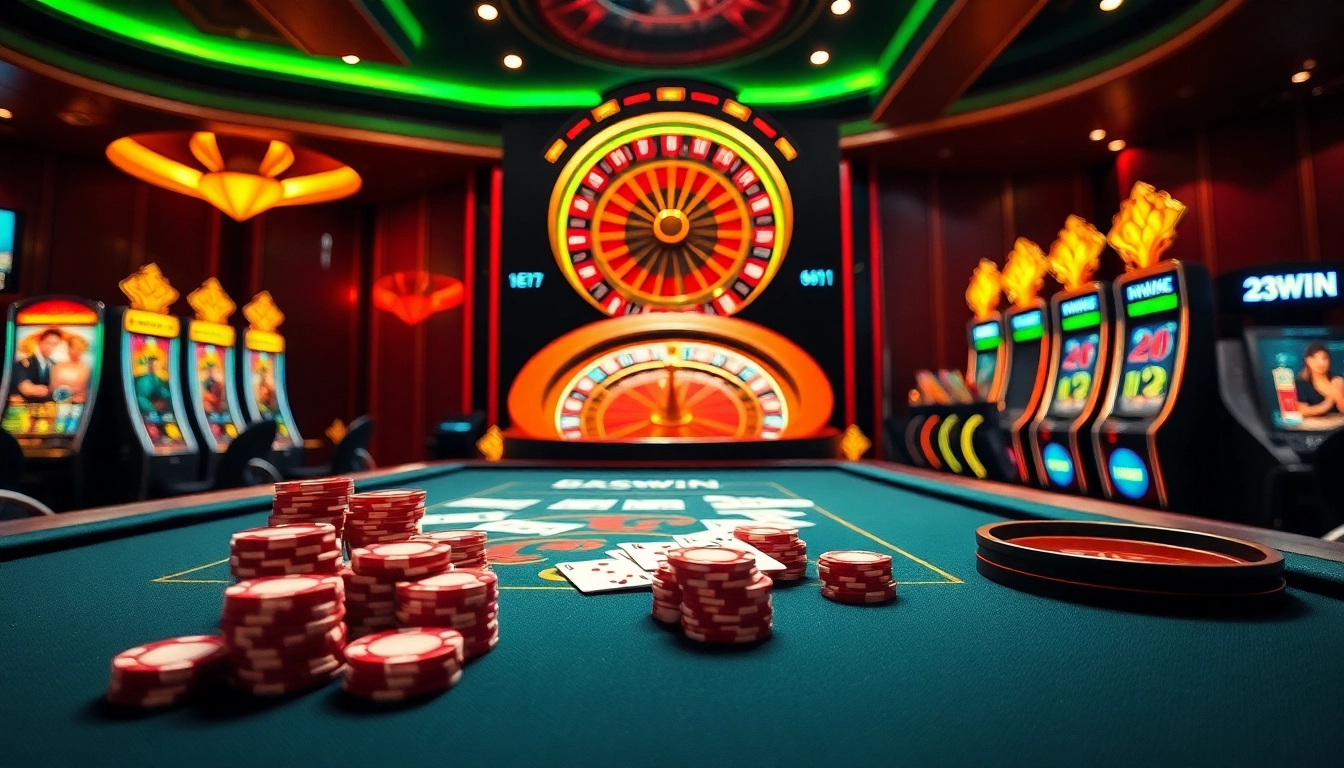 Engaging scene of 23win nhà cái casino with players at poker and vibrant slot machines.