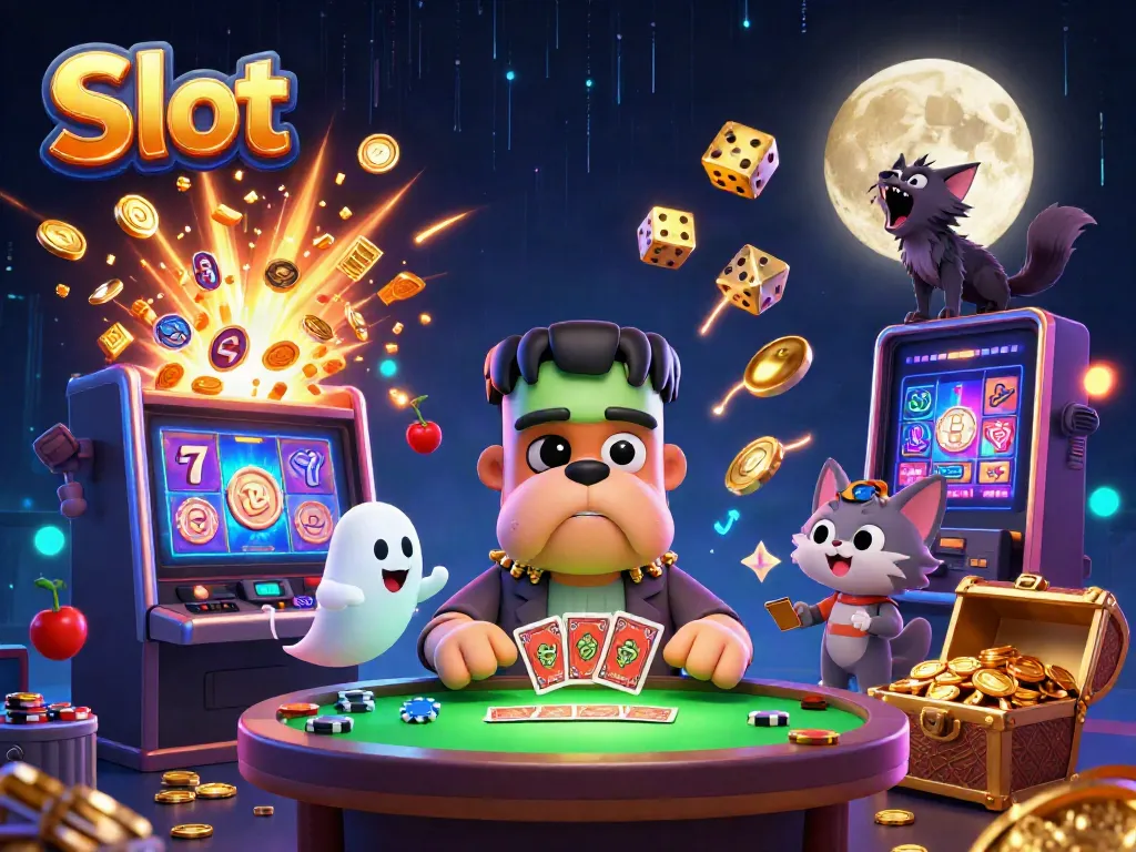 Slot menarik dengan karakter konyol di meja kasino, simbol jackpot, dan suasana yang ceria.