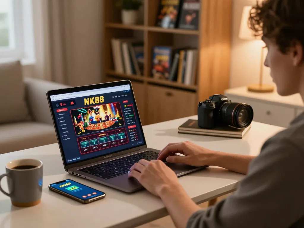 Engaging in online gaming at NK88 with a laptop showing casino interface and warm ambiance.