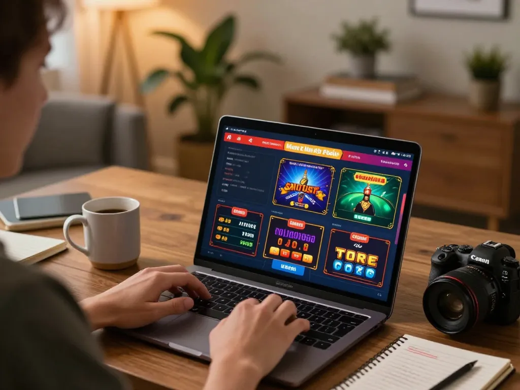 Players enjoying engaging non gamstop casino games on a laptop in a cozy home office setting