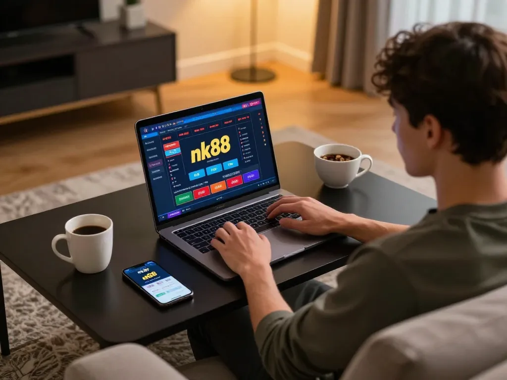 Player engaging with nk88 online casino on a laptop in a cozy home setting, demonstrating responsible gaming.