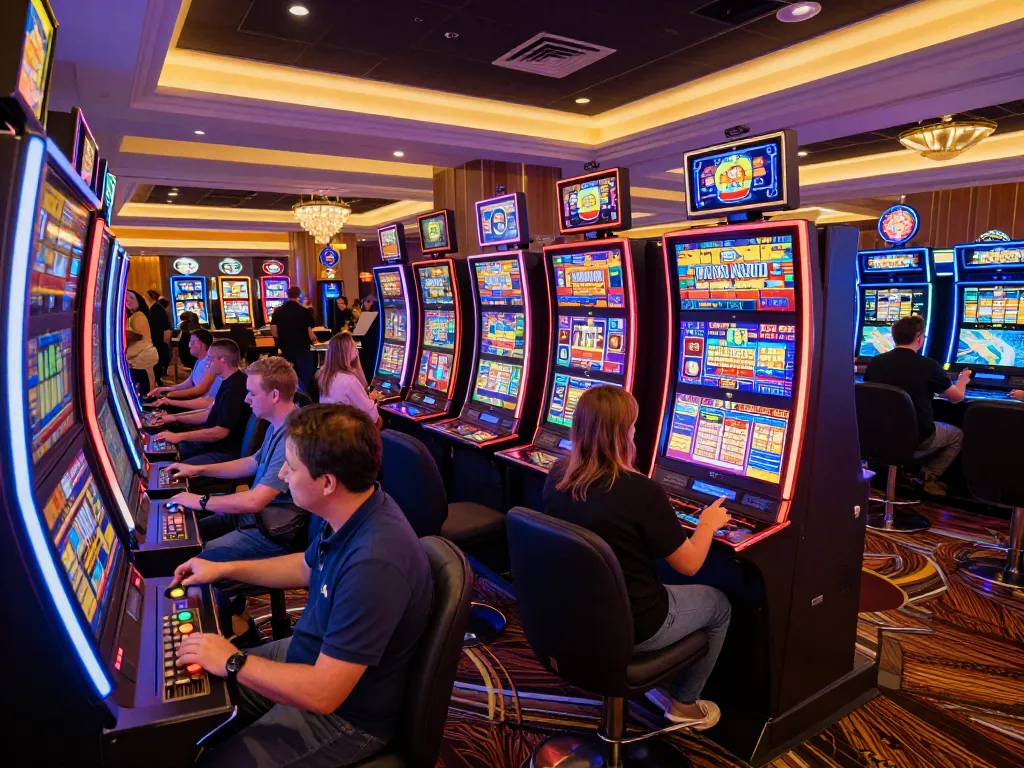 Players enjoying thrilling slot machines at N188 casino, showcasing vibrant graphics and engaging gameplay.