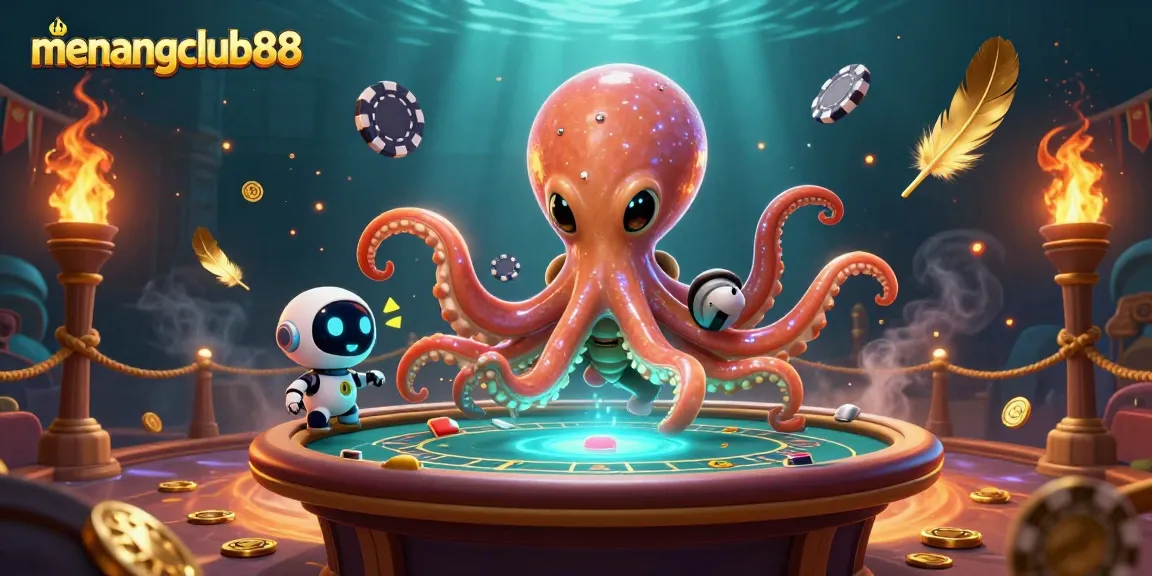 Experience the excitement of gaming at menangclub88 with an alien octopus and a robot at a poker table.