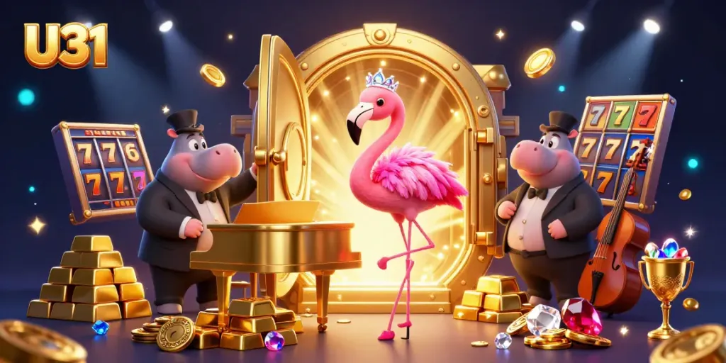 U31 engages players with vibrant slot reels and dynamic casino scenes featuring lively characters.