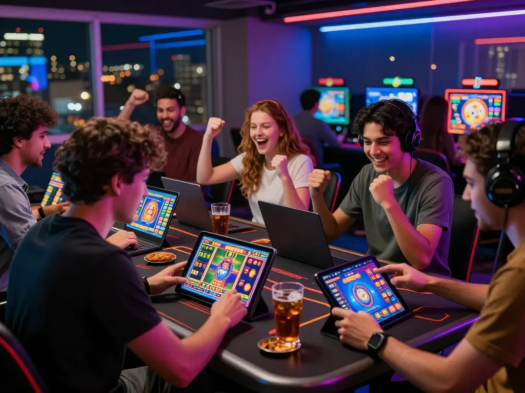 Friends enjoying kerajaanslot gaming experience with tablets and laptops in vibrant setting.