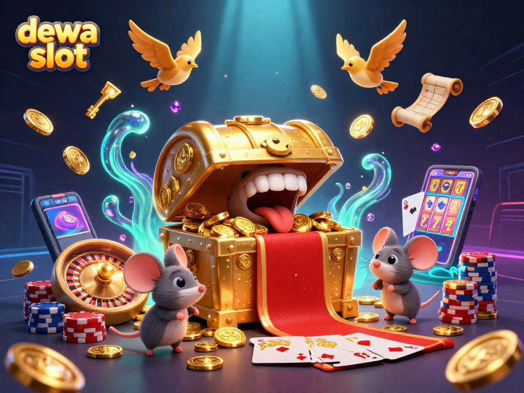 Jelajahi dewa slot dengan peti harta karun 3D menarik di tengah koin emas mengalir.
