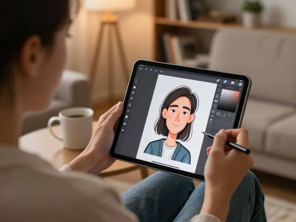 Creating a Chatgpt caricature on a tablet in a cozy living room environment.