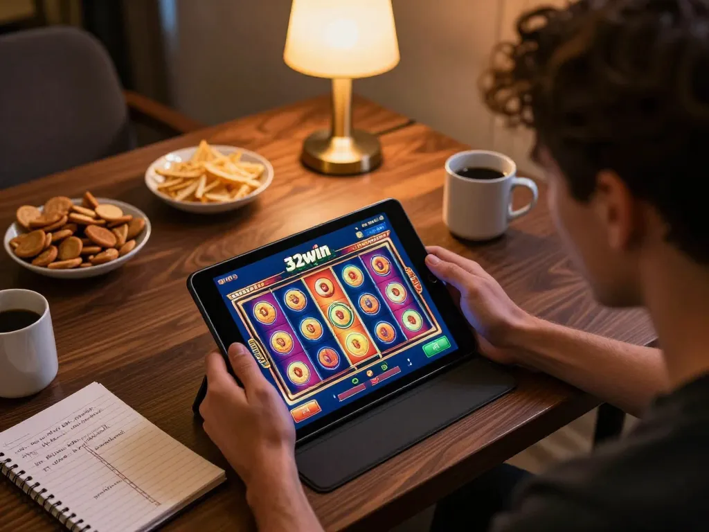 Player focused on winning strategies with 32win while using a tablet for online slots.