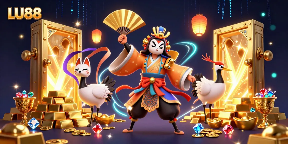 Experience thrilling wins with LU88, surrounded by vibrant casino treasures and dynamic game elements.