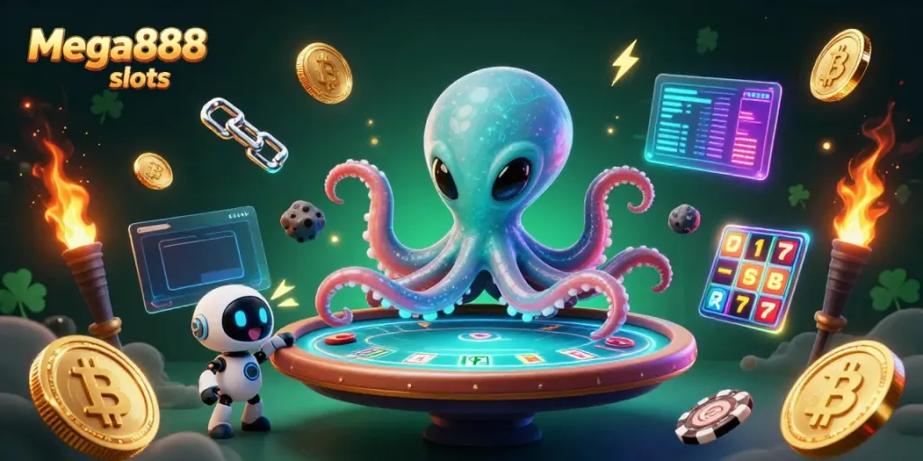 Experience thrilling Mega888 slots action with an alien octopus and robot amid vibrant casino graphics.