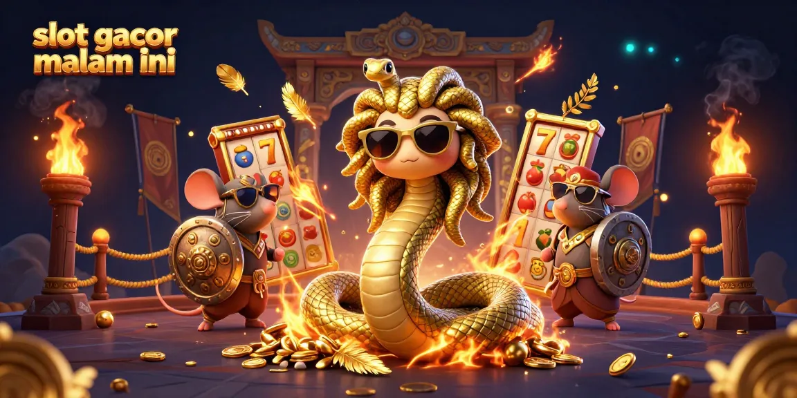 Engage with the intense atmosphere of slot gacor malam ini featuring Medusa and a warrior mouse amidst exciting game elements.