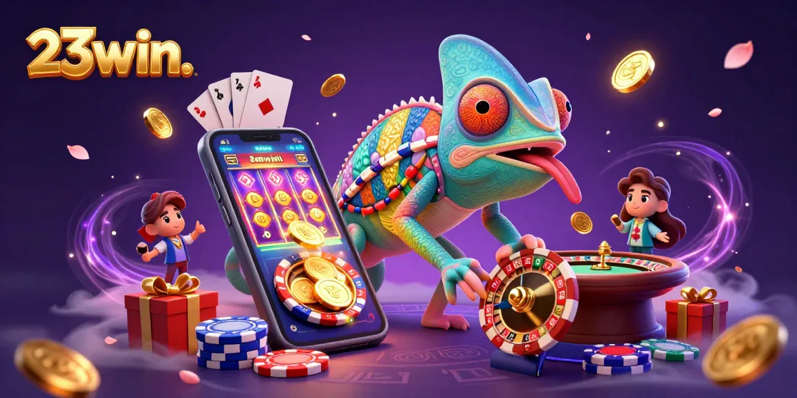 Experience thrilling gambling action with the vibrant 23win. casino scene featuring a chameleon owner.