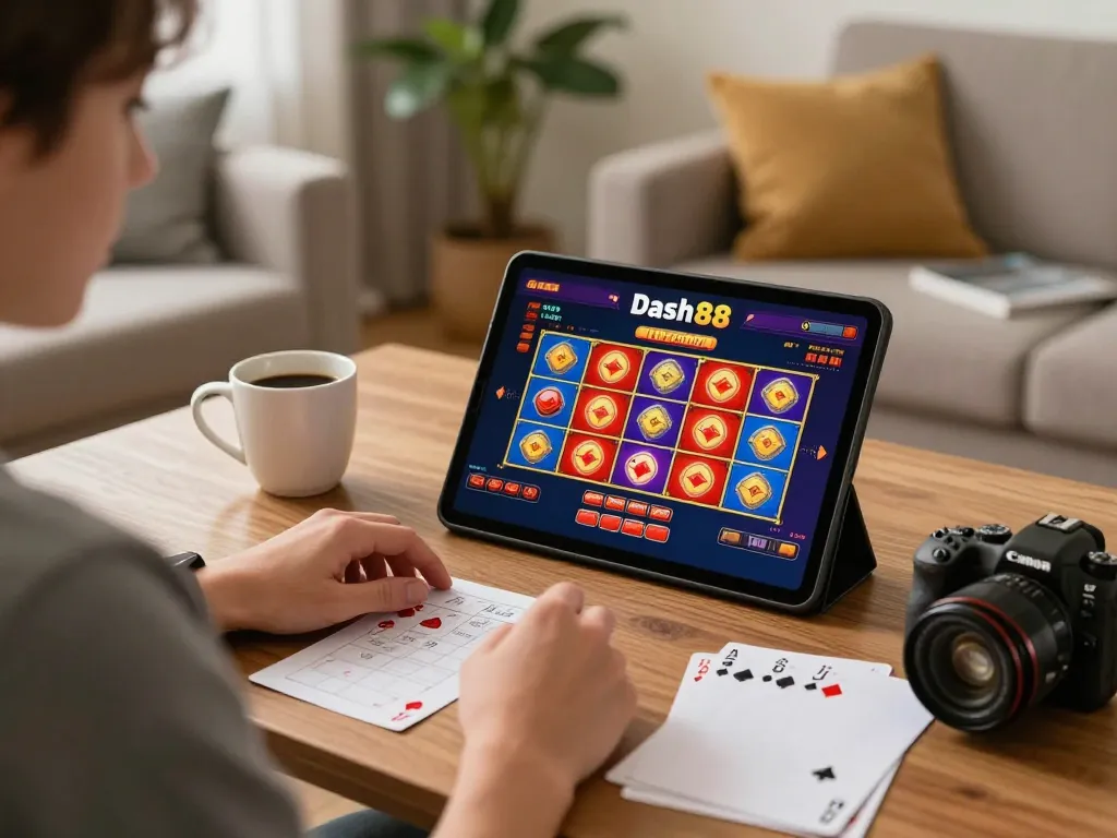 Player enjoying dash88 online casino gaming on a tablet at home with strategy notes