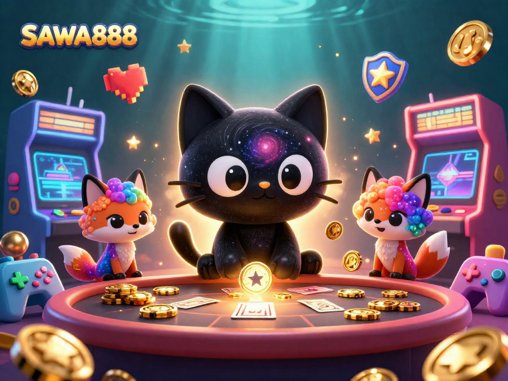 Engage with the thrilling world of SAWA888, where a cosmic cat and fox animate the casino experience.